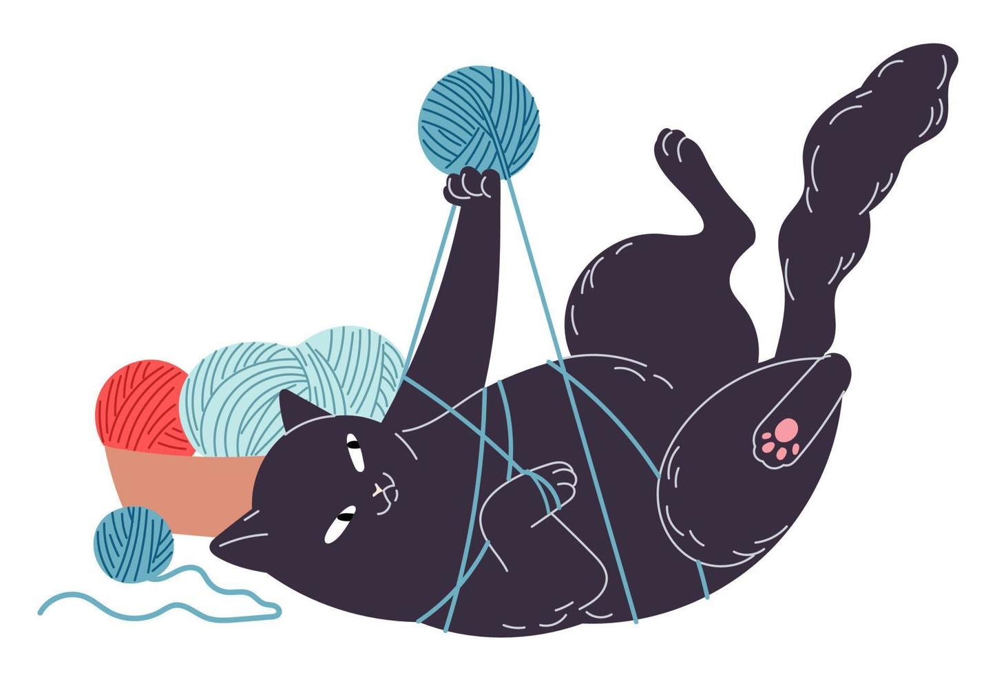 Cat got tangled in thread playing with the ball. vector