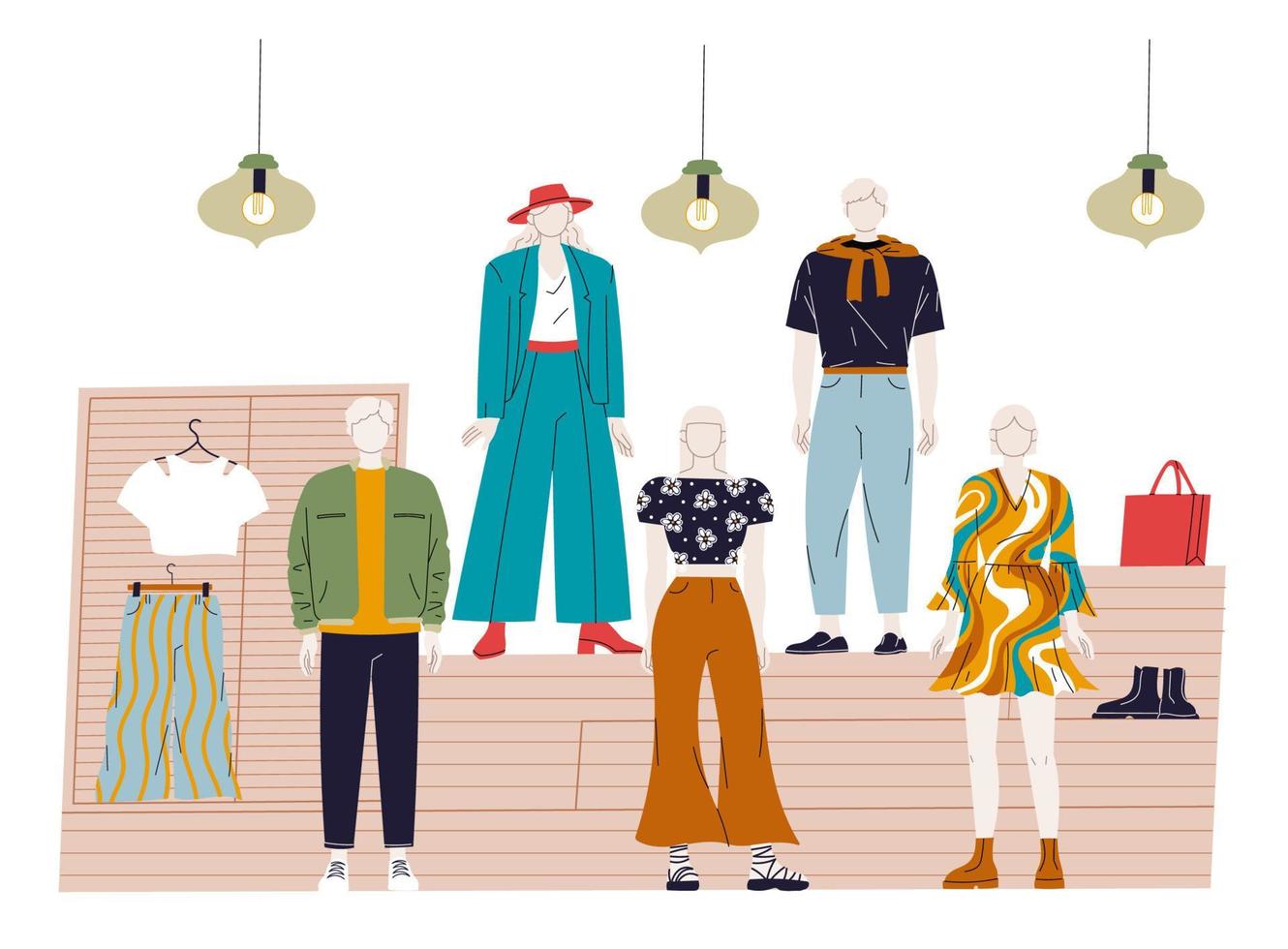 Collection of clothes on mannequins in the store window. vector