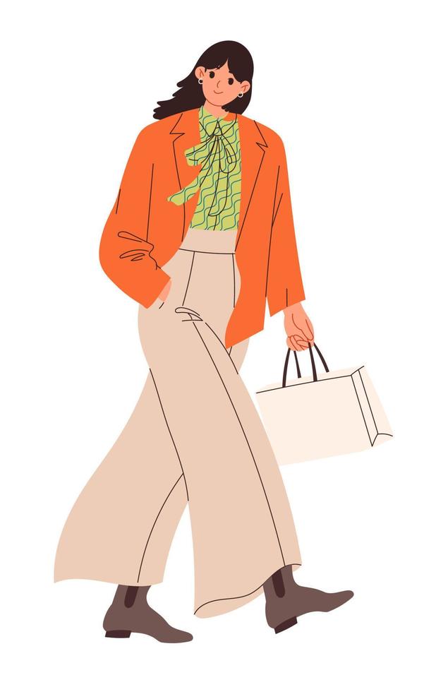 elegante mujer caminante con pantalones anchos, chaqueta y blusa vector