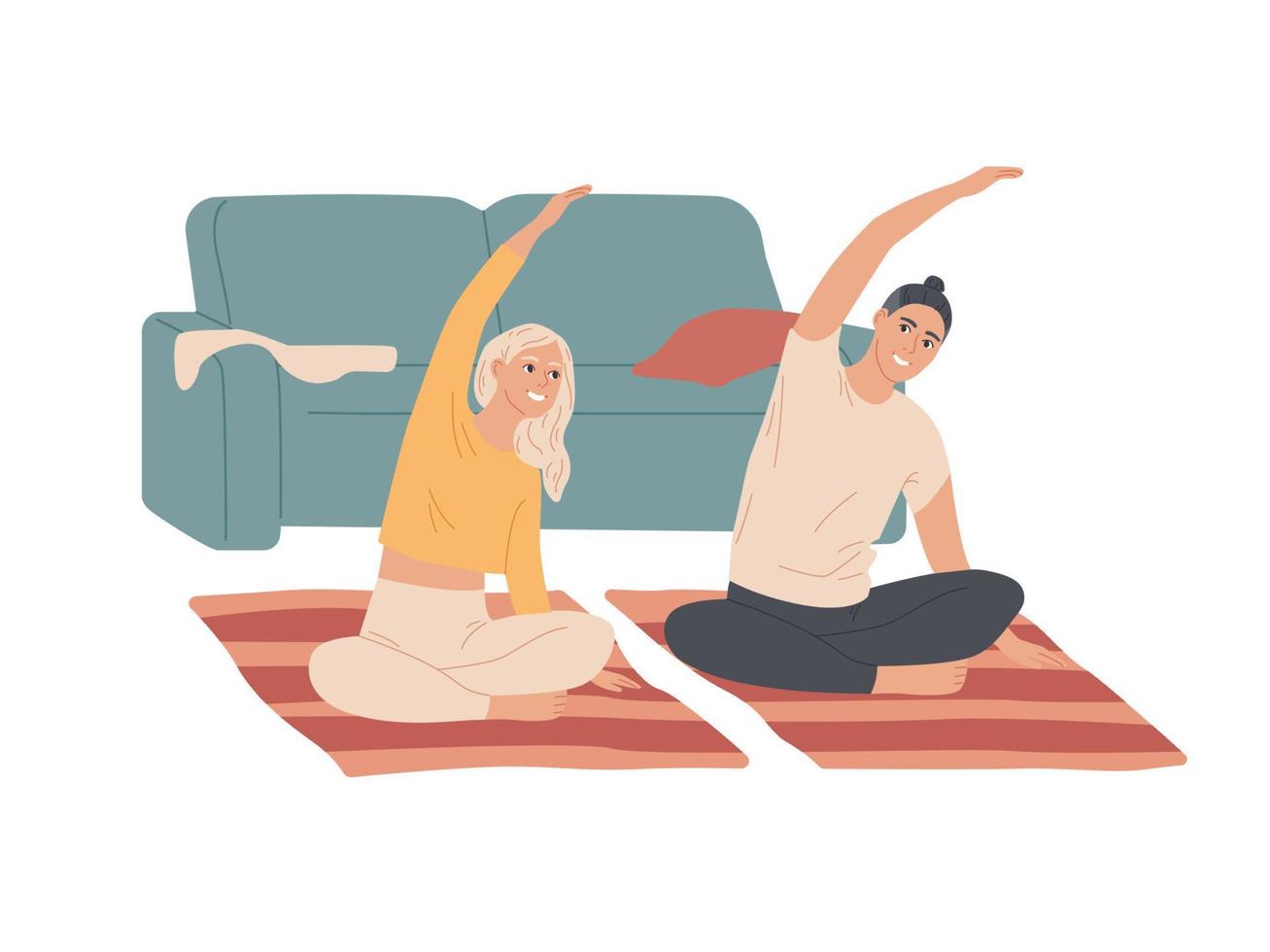 Couple of young people do exercises at home. vector