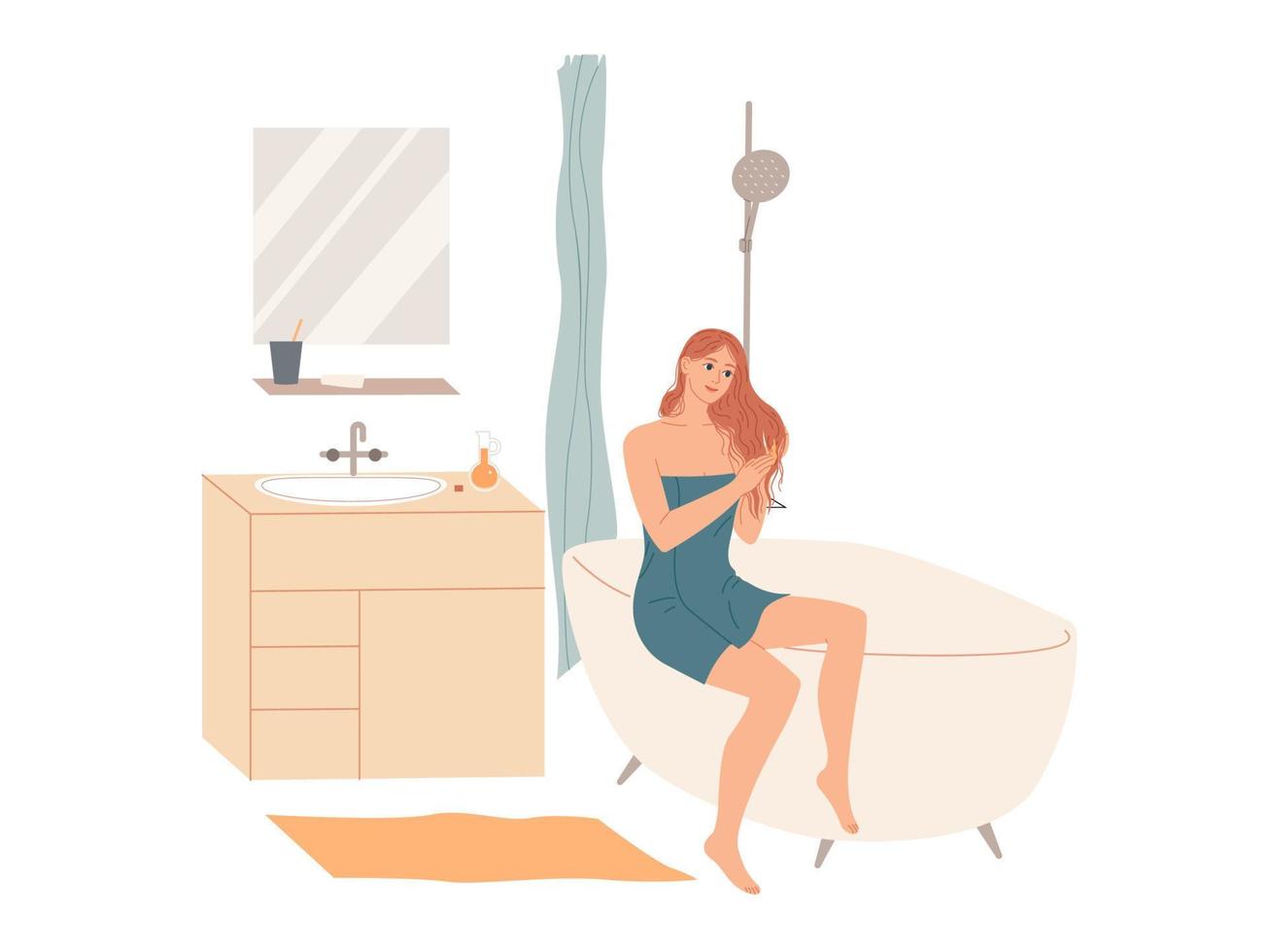 mujer en toalla de baño aplica acondicionador de cabello en el baño después de la ducha en casa. cuidado del cabello. vector