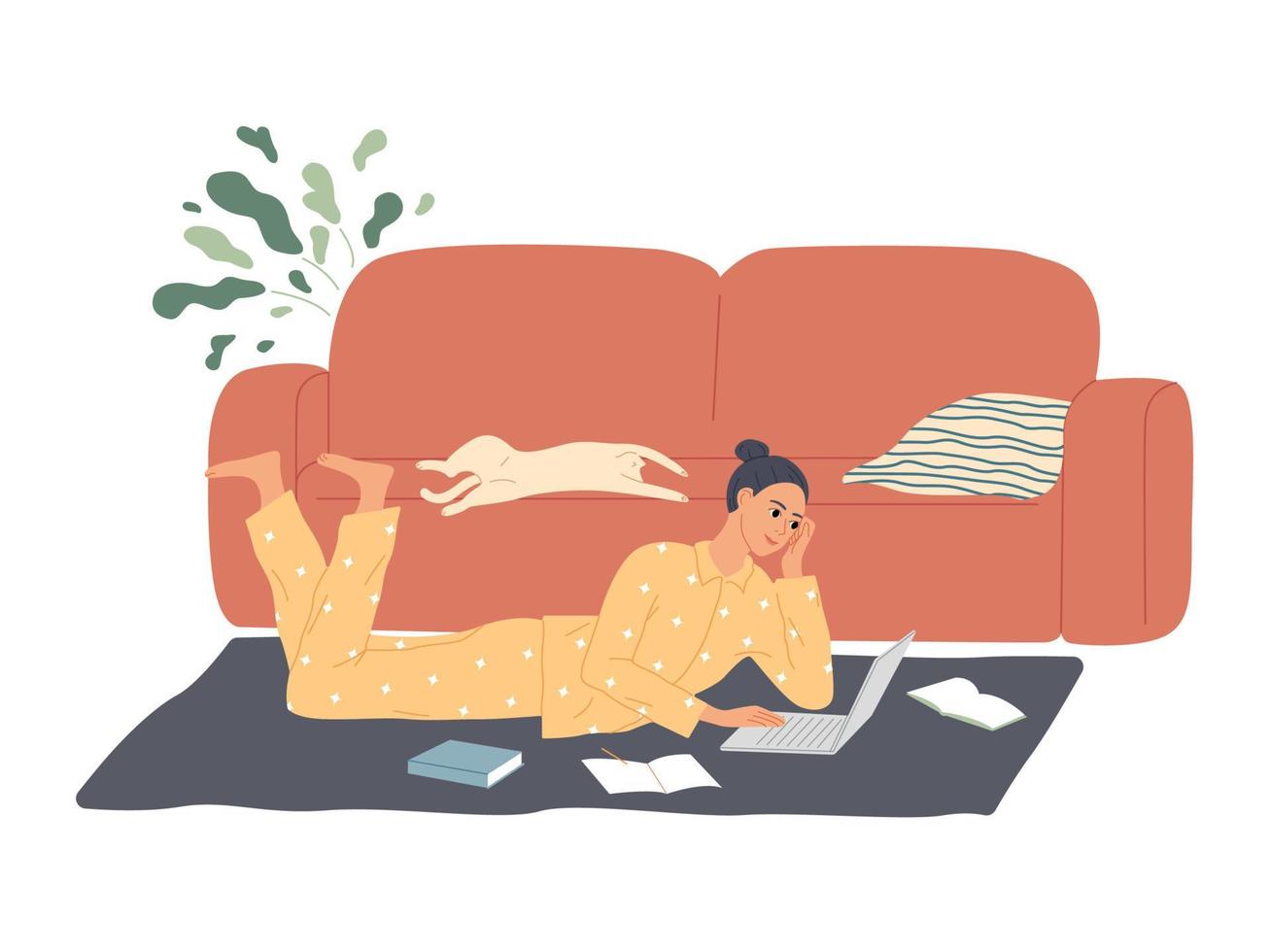 girl lies on the floor with a laptop, learning lessons, doing homework vector