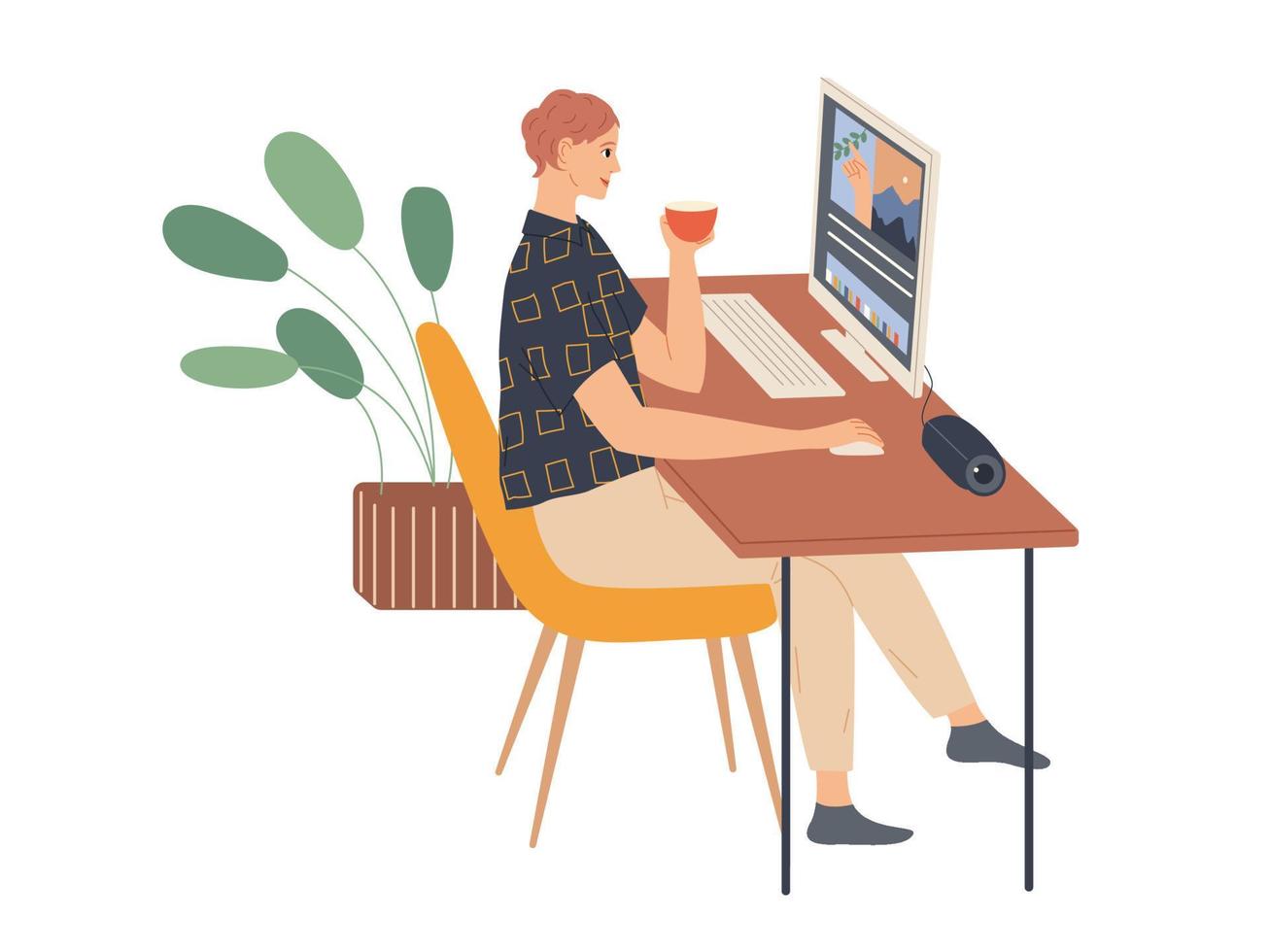 Young woman sits and works at a computer. vector
