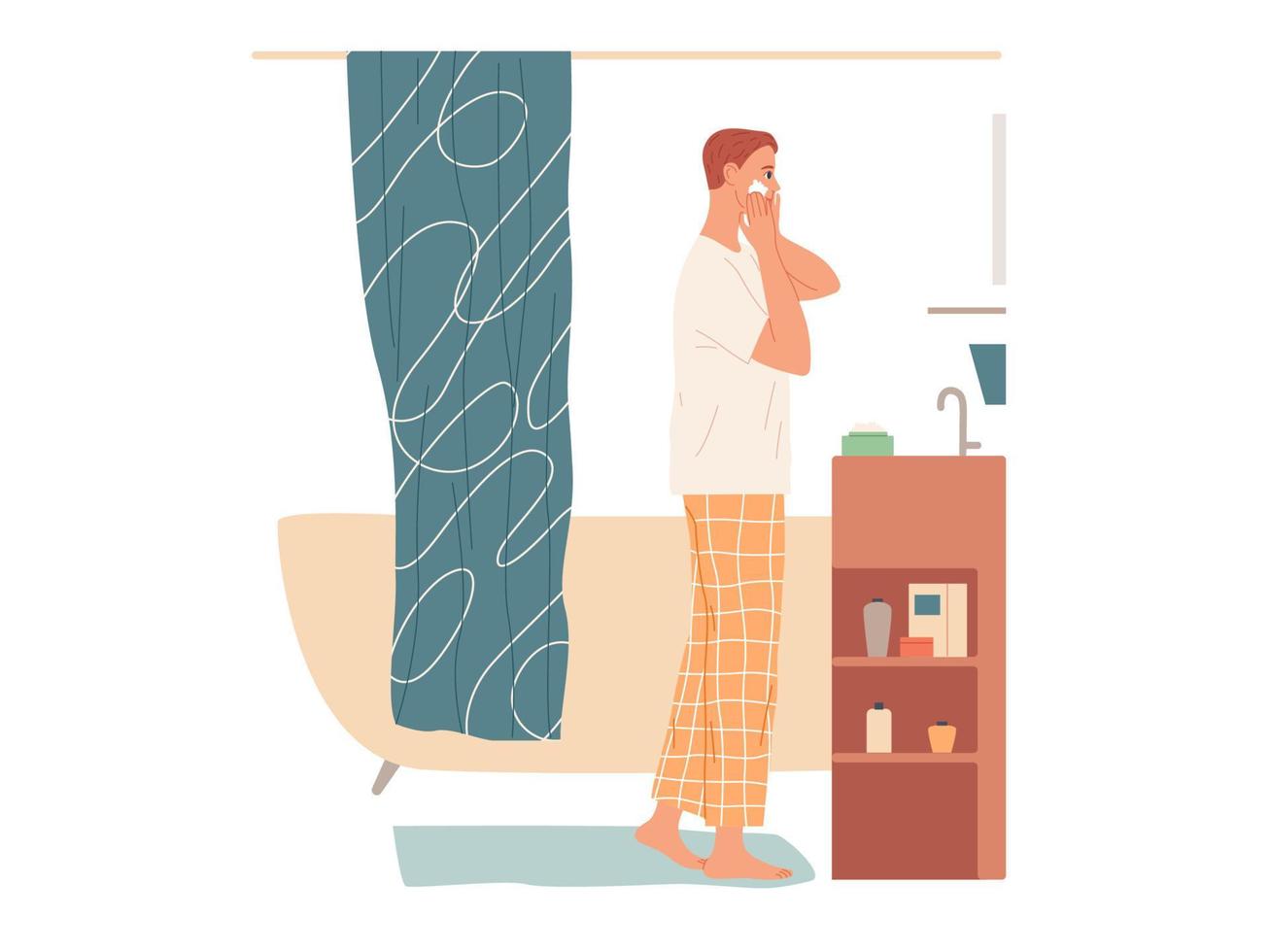 Man in the bathroom applies cream to his face. vector