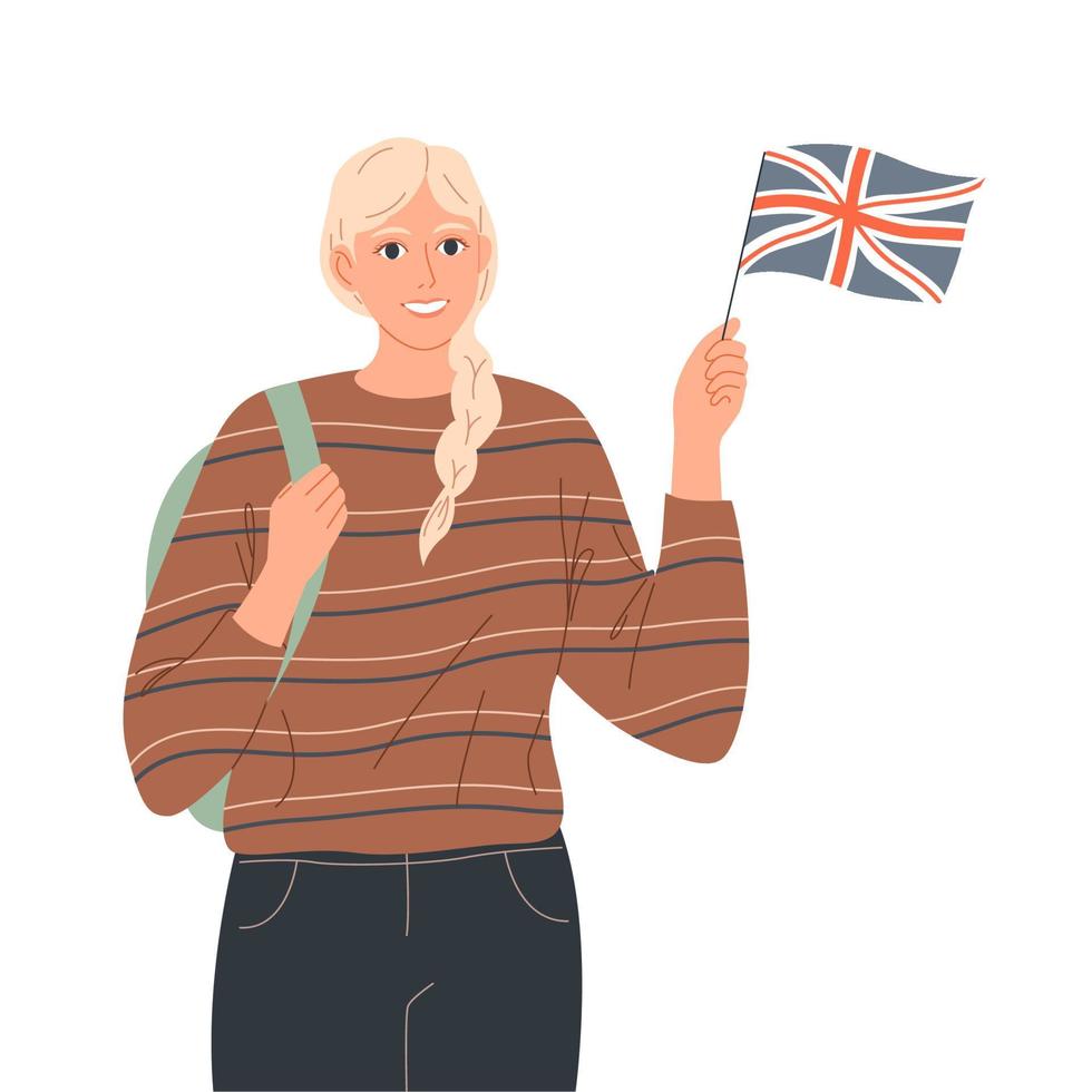 Female student holds English flag. She is a tourist, native speaker or learns English vector