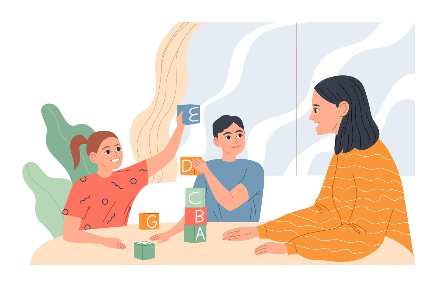 Young woman with children at the table playing and learning letters. vector