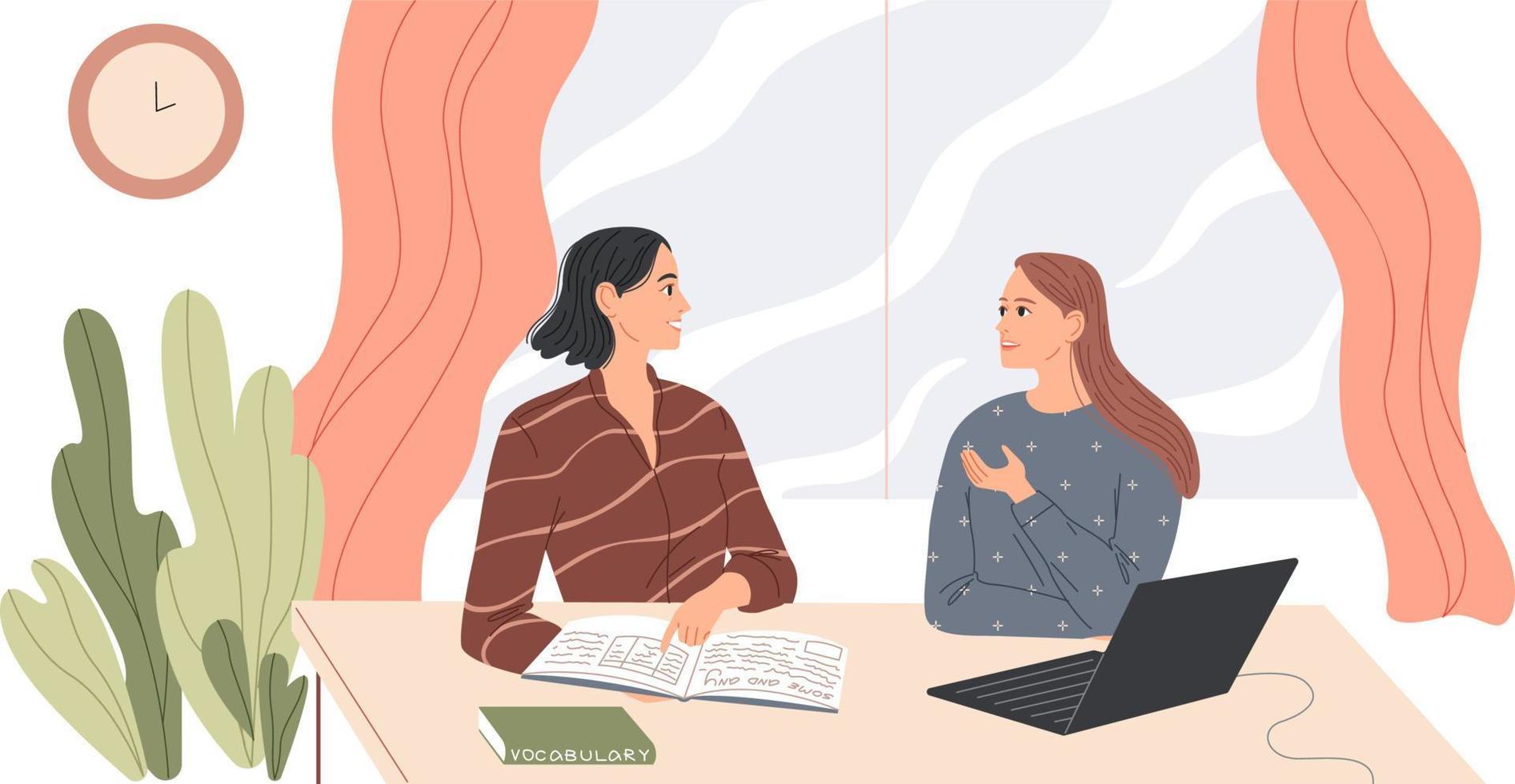 Two women sit at the desk and talk vector