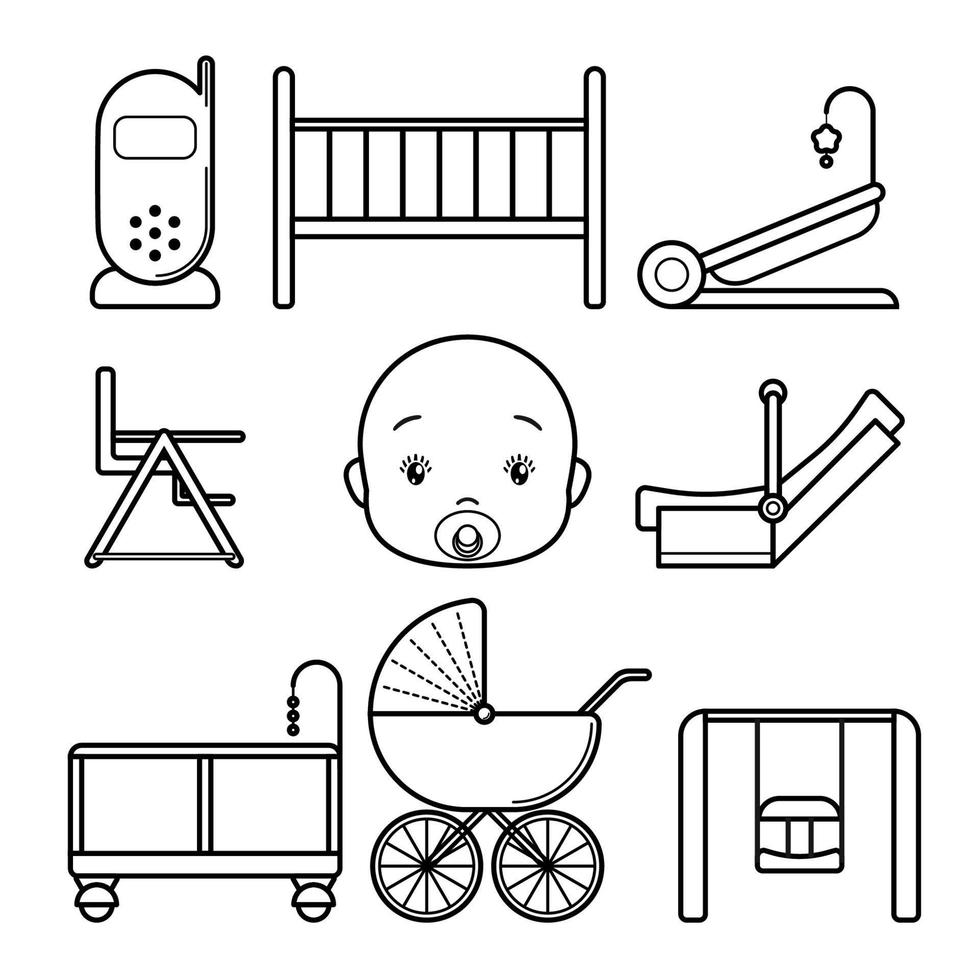 establecer iconos de bebé, arte de línea aislado en un fondo blanco. carriola, carrusel, cama, monitor, cuna, trona, cara, asiento de automóvil, parque infantil, columpio vector