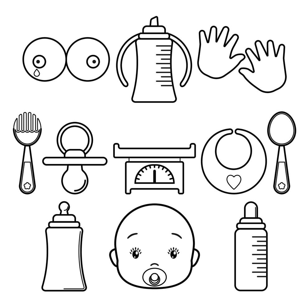 Set baby Icons, isolated line art on a white background. Bib, bottle, pacifier, spoon, fork, scales, breastfeeding, breast, bosom, face. vector