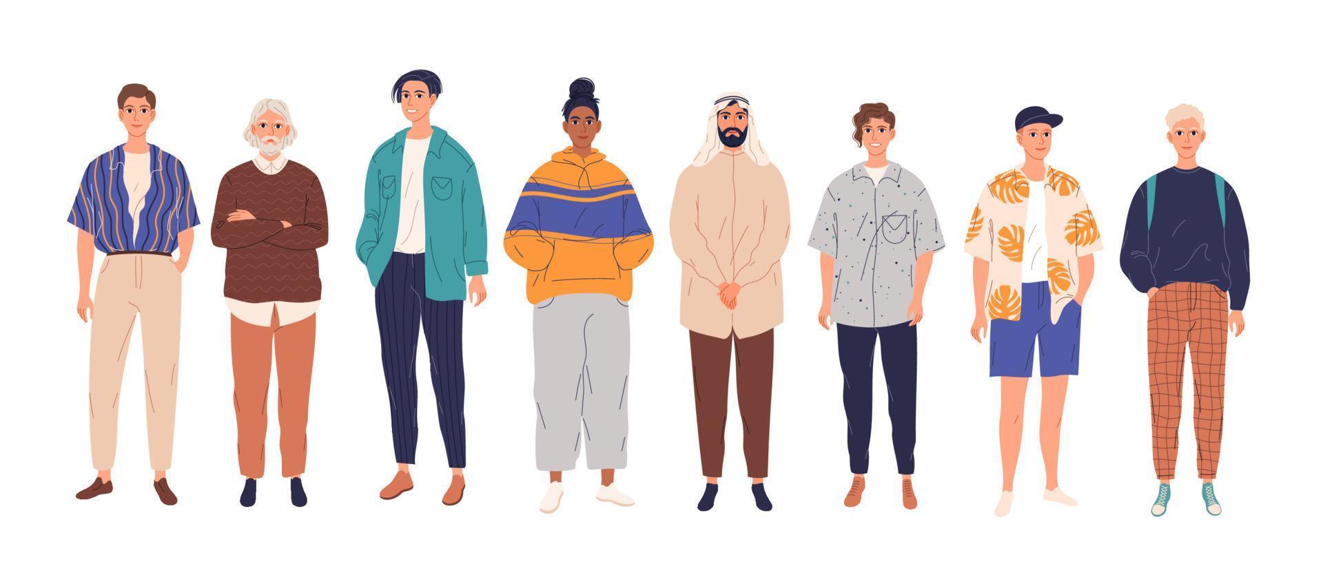 Diverse group of young men standing together. Flat cartoon vector illustration.