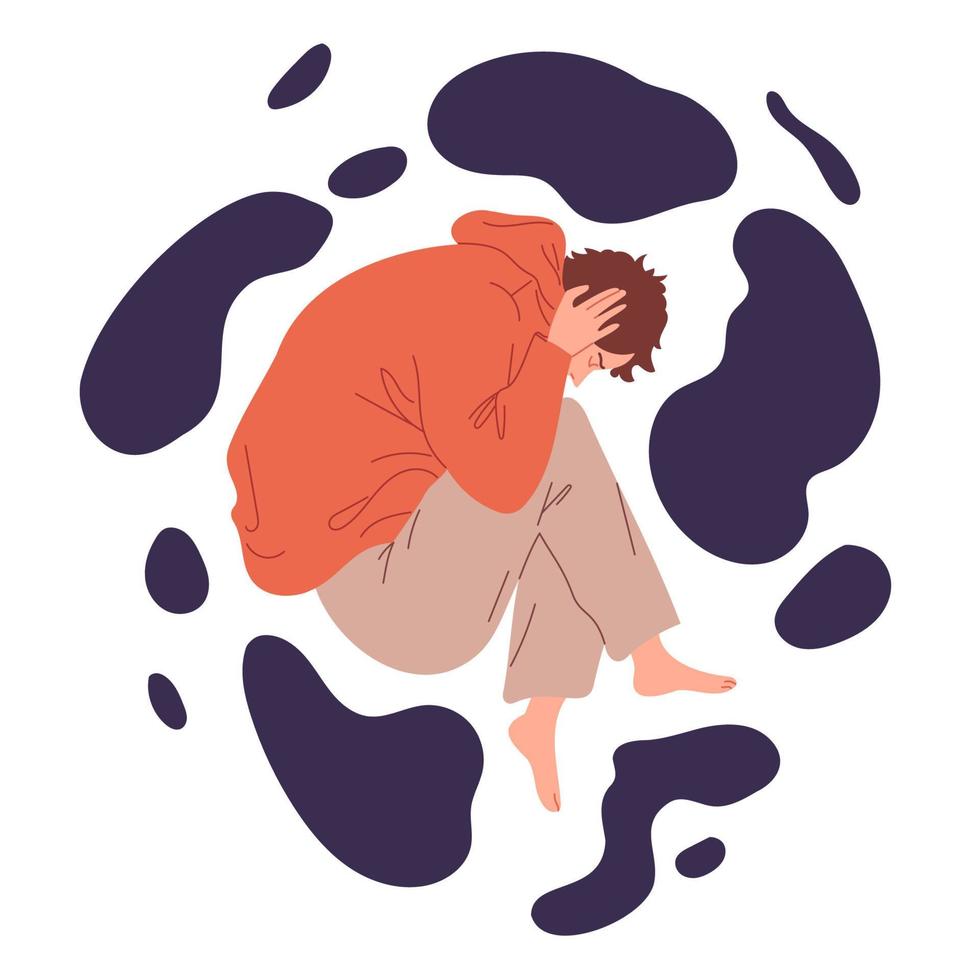 Young man lies curled up with painful emotions. vector