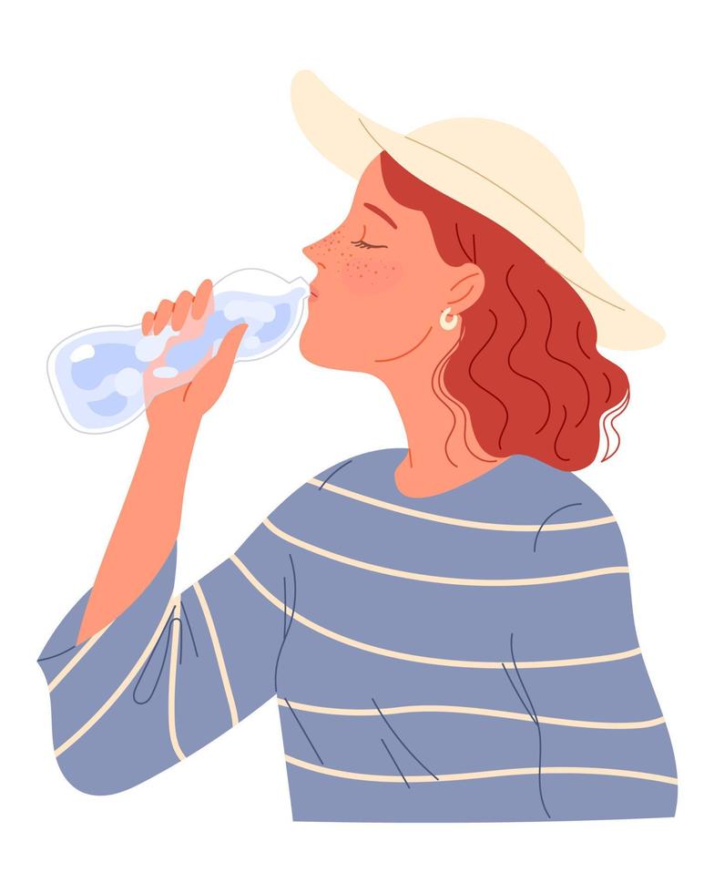 Redheaded girl with freckles and a hat drinking water from bottle vector