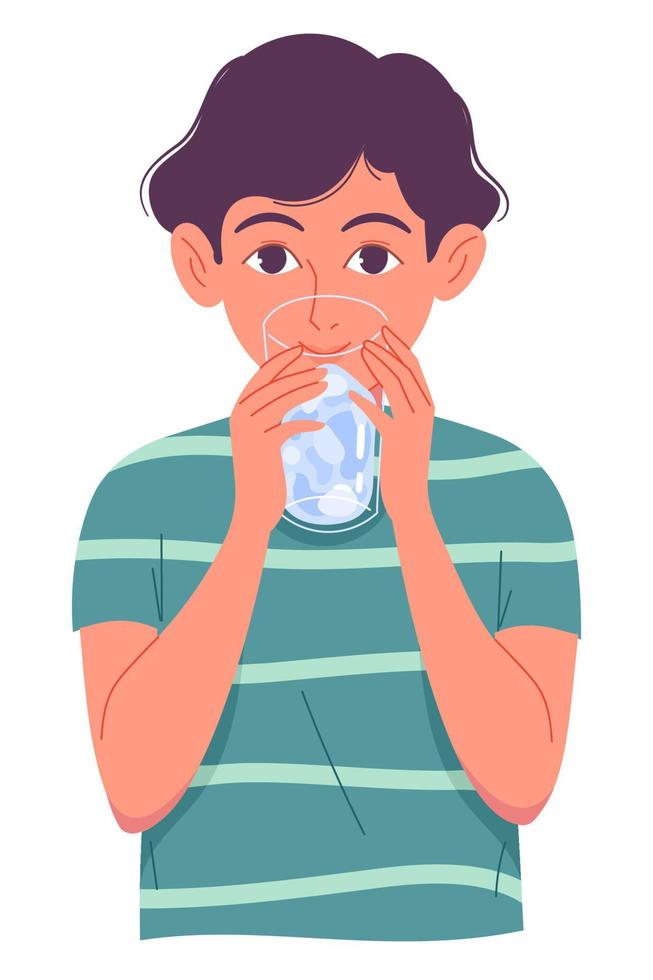 Cute little boy drinking water from glass on white background. vector