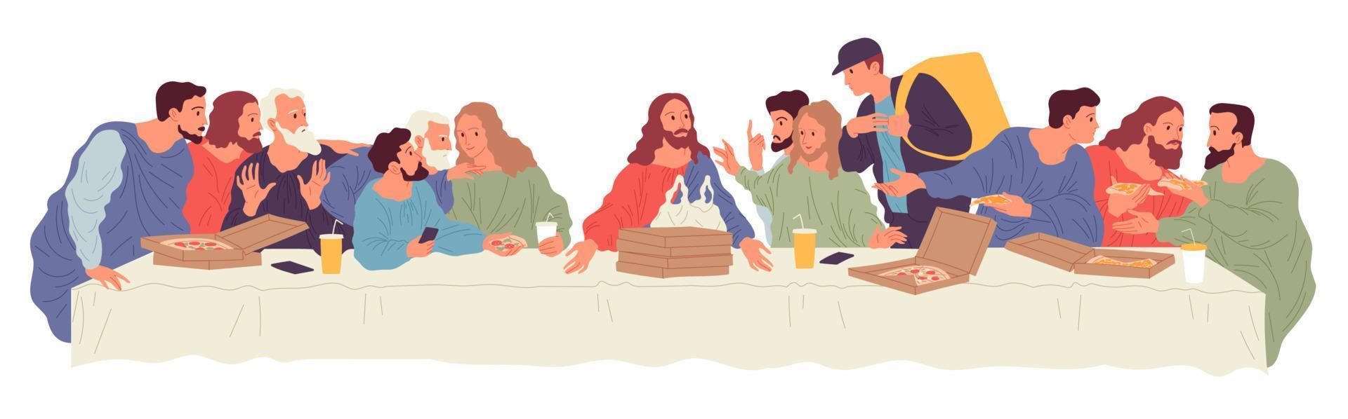 People sitting at table with food delivered by courier from food delivery service. Illustration based on Leonardo Da Vinci painting The Last Supper. vector