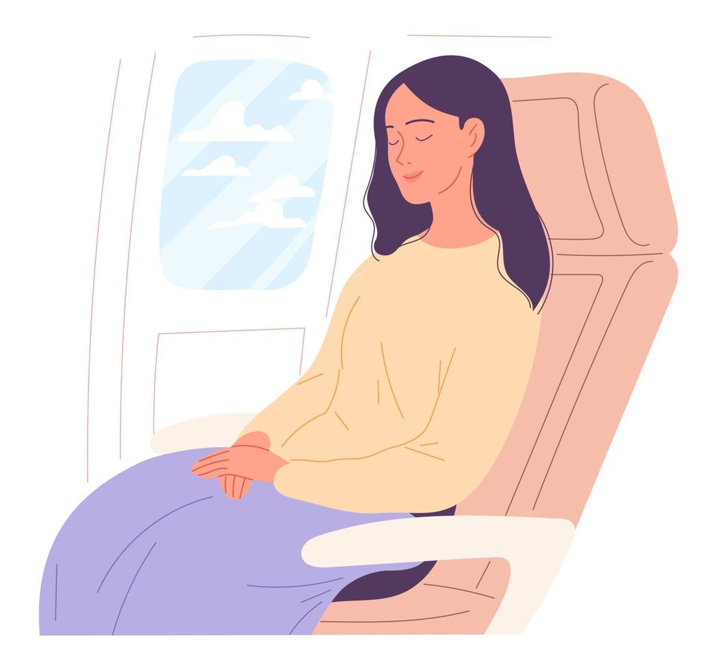 mujer joven duerme en un avión. ilustración. vector