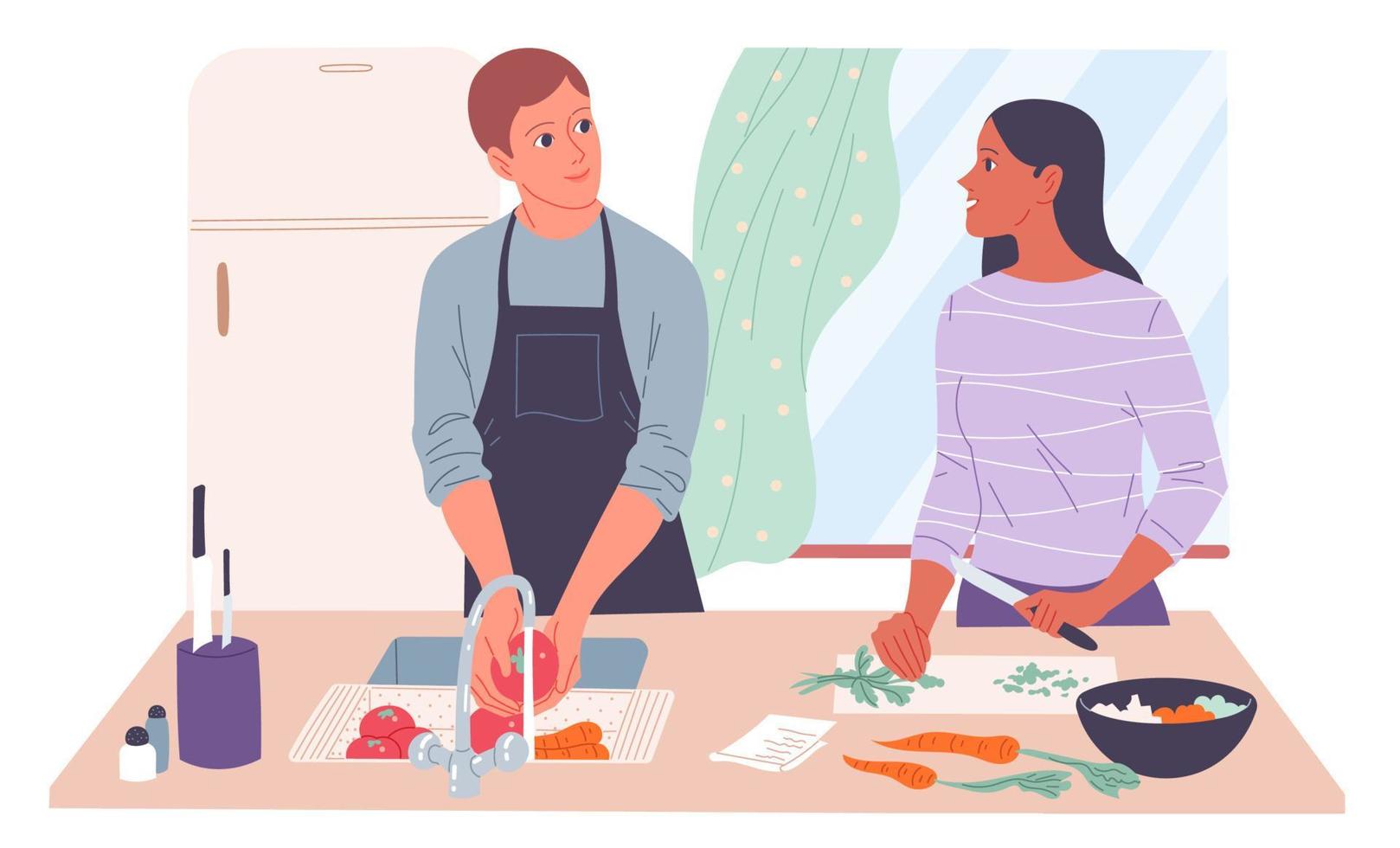 Young couple cooking at home. The man washes the vegetables, the woman cuts them vector