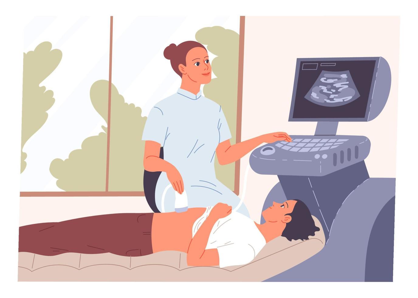 Patient lying on the couch during an ultrasound examination. vector