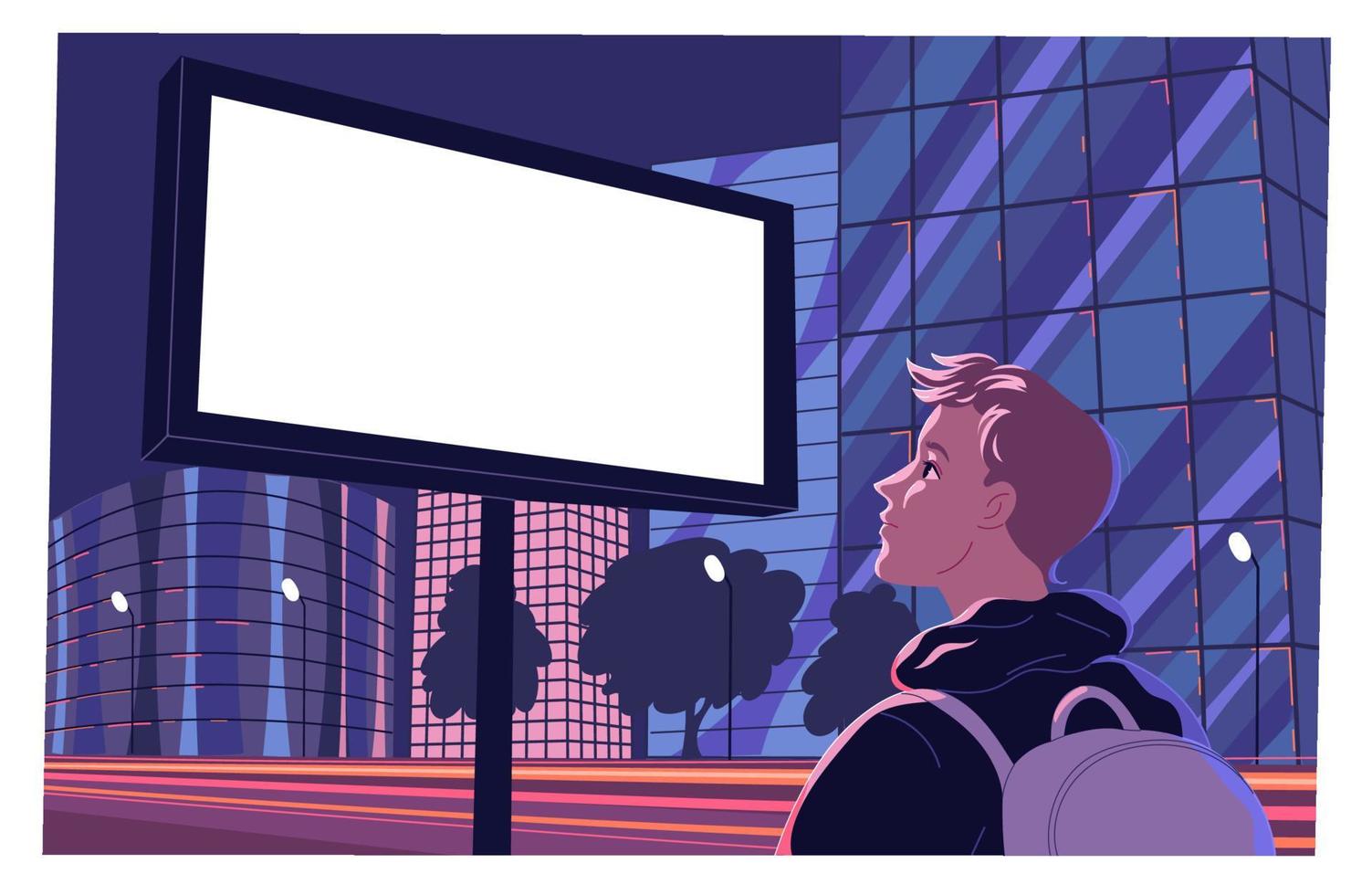 Empty large billboard by the roadside with a person looking at it. vector