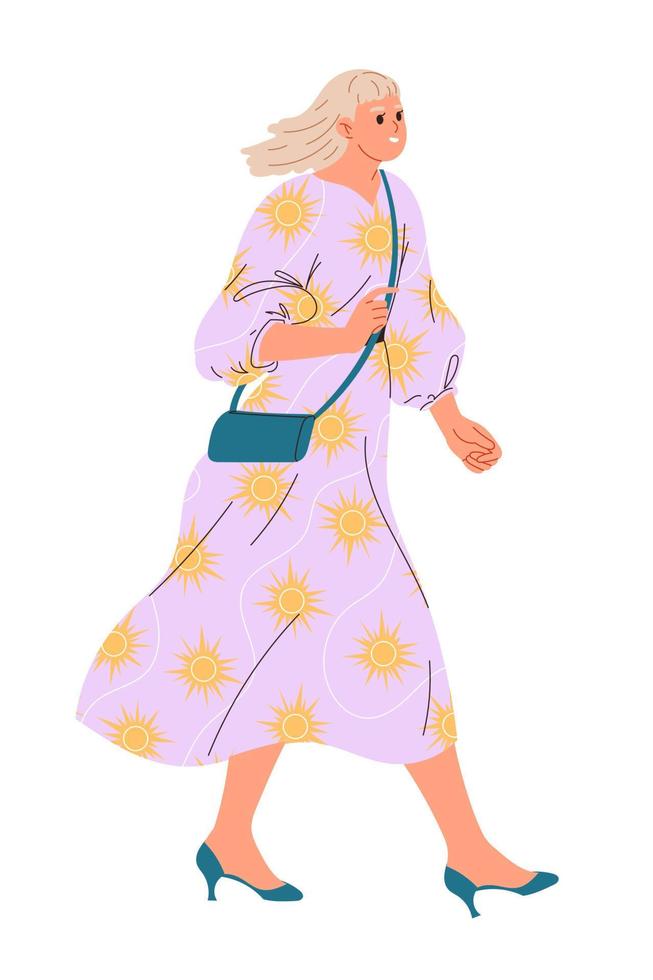 joven y elegante mujer que camina con un vestido suelto y ligero. vector