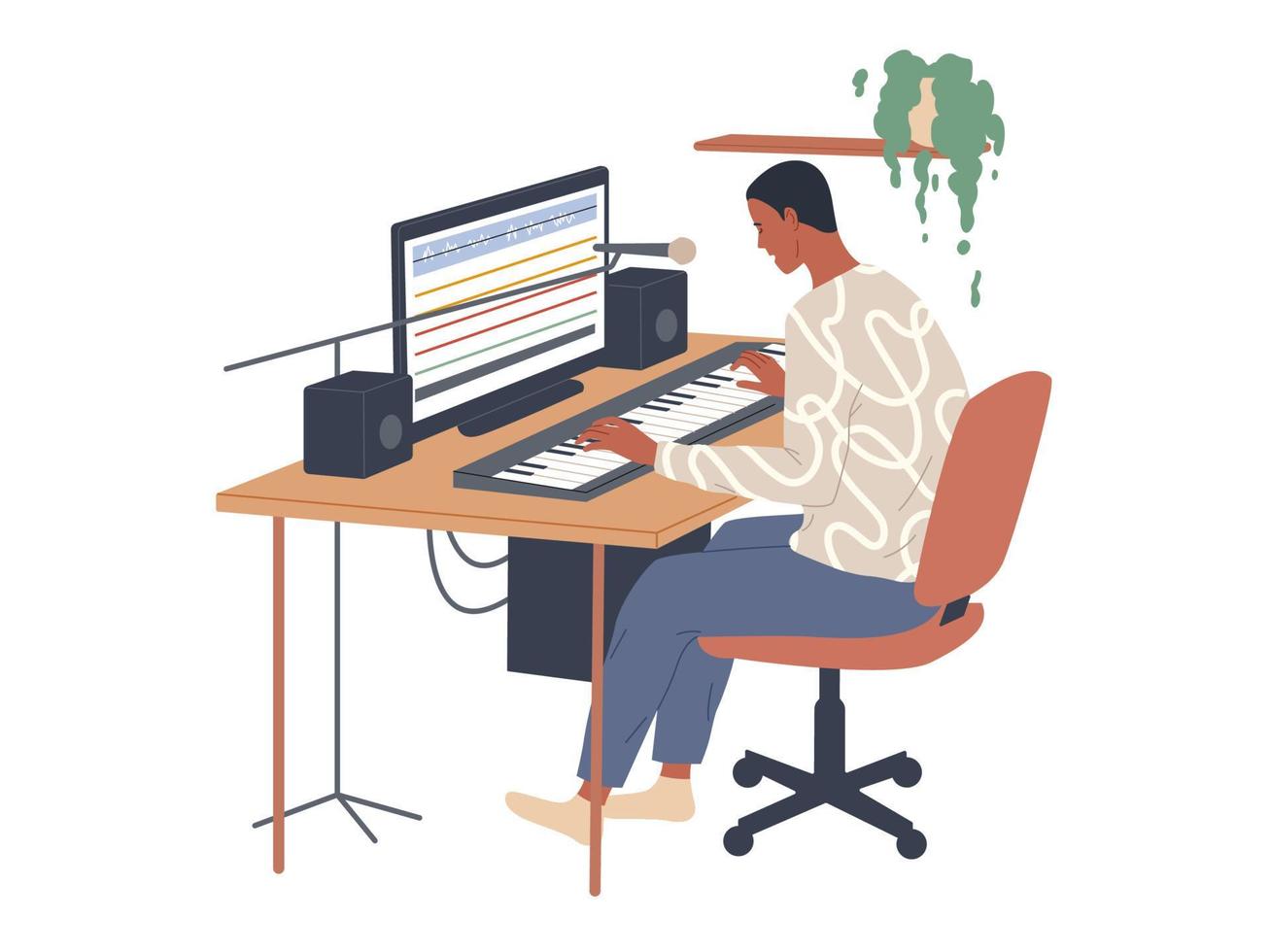 Musician plays a digital piano and uses an audio editor to record on his computer vector