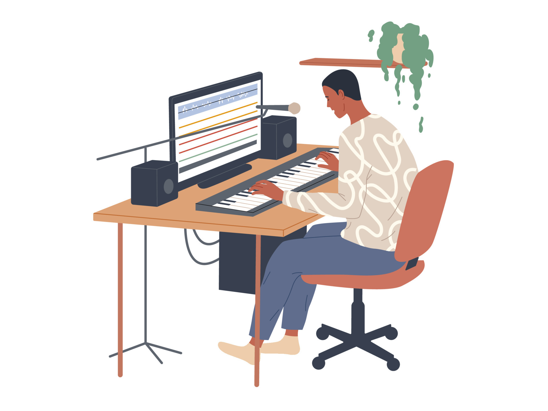 Musician plays a digital piano and uses an audio editor to record on his computer 9270465 Vector