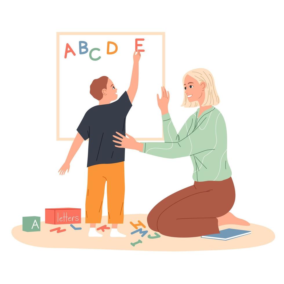 Child makes an English alphabet of letters on the board. vector