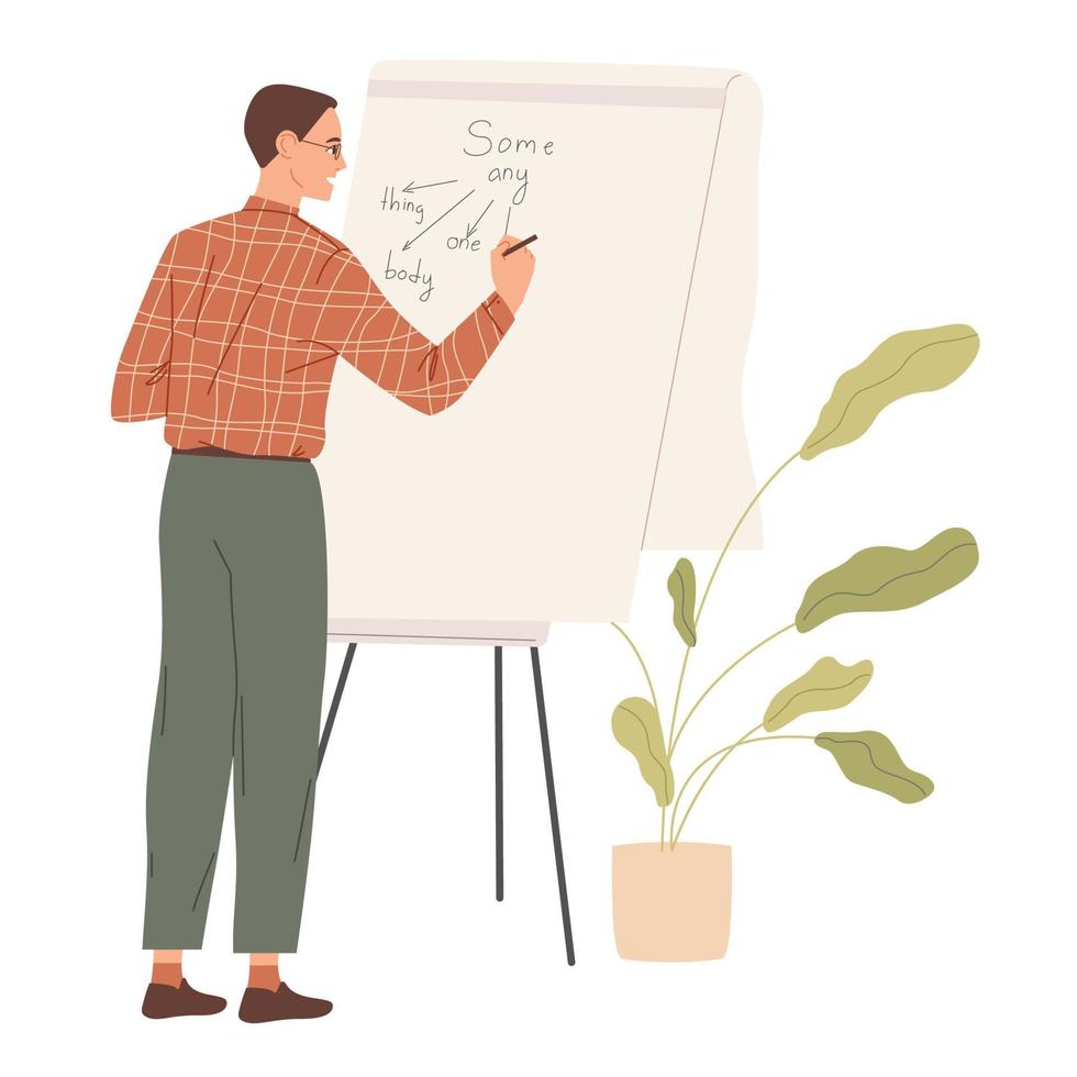 Male teacher wtiting on board in school classroom vector