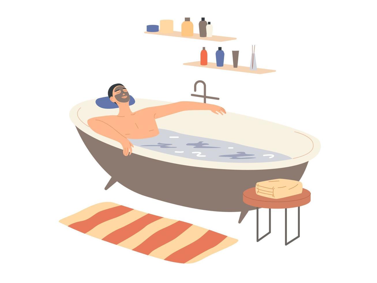 Man with a clay mask on his face takes a bath. vector