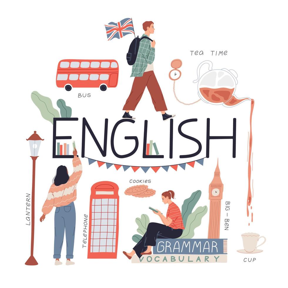 Studying English language and culture, travel to England. vector