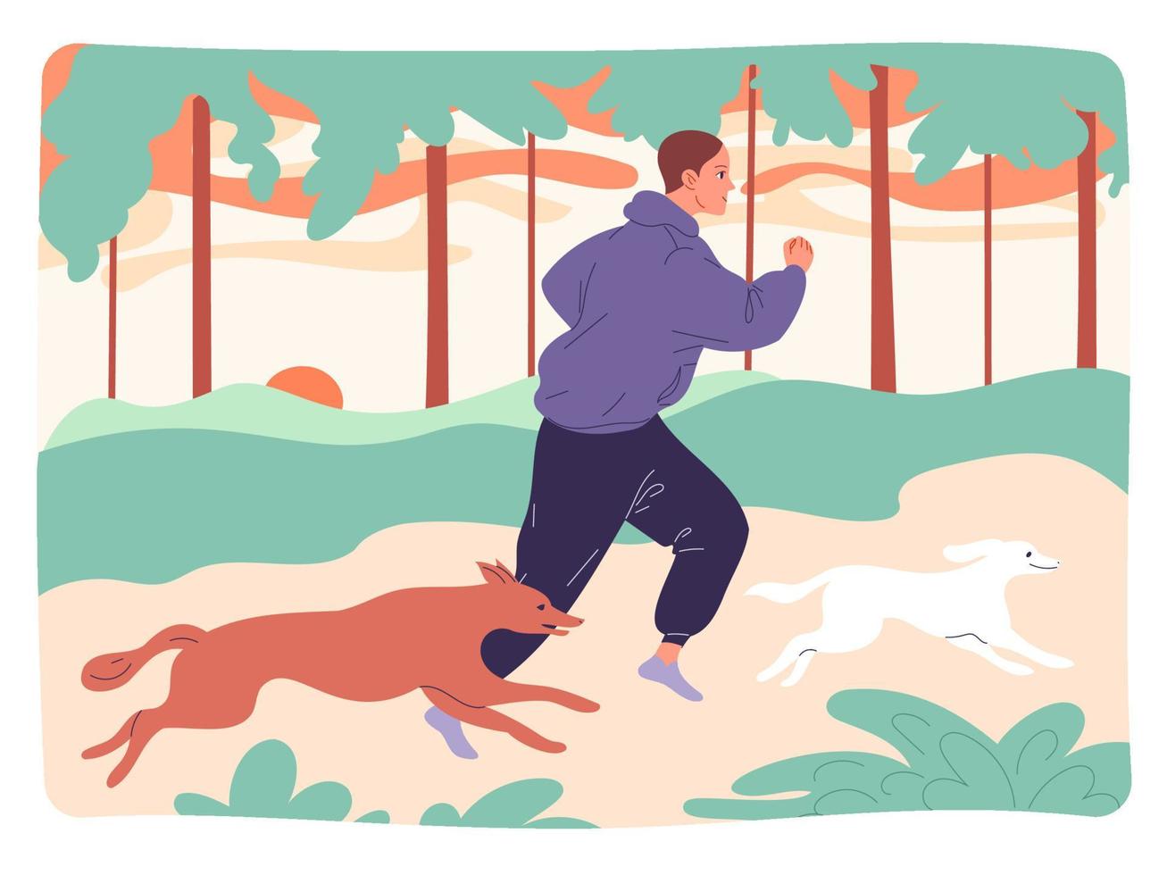 Young man runs with his dogs through the woods. vector