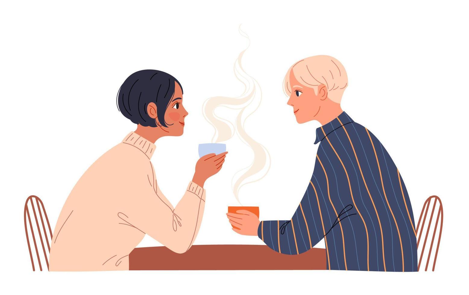 Couple of young people sitting in a cafe with coffee. vector