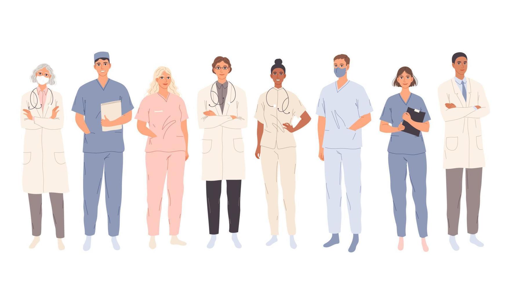 médicos, estudiantes de medicina trabajadores, médicos y enfermeras. representantes de diferentes especialidades médicas. vector