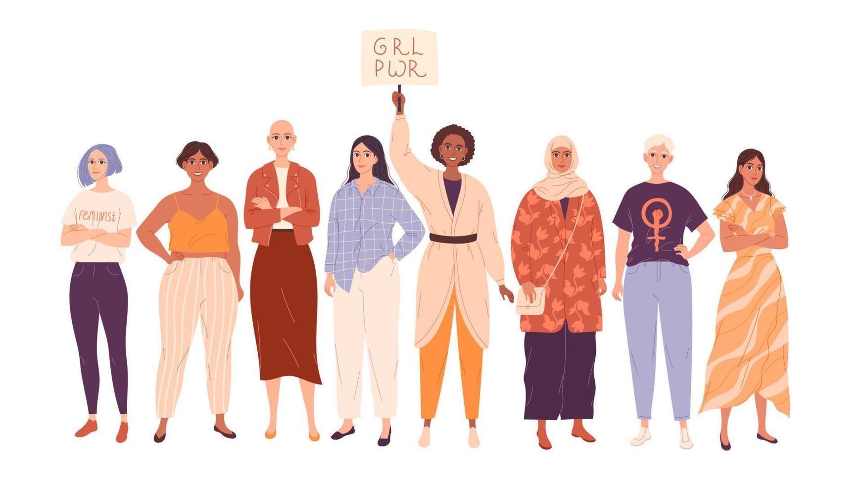 grupo de mujeres diversas en toda su longitud. hermosas chicas con estilo, feministas y manifestantes. vector