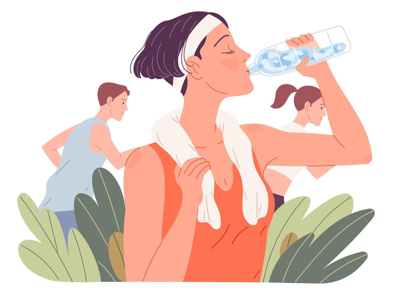 mujer en forma bebiendo agua. chica bebe durante la carrera en verano. vector