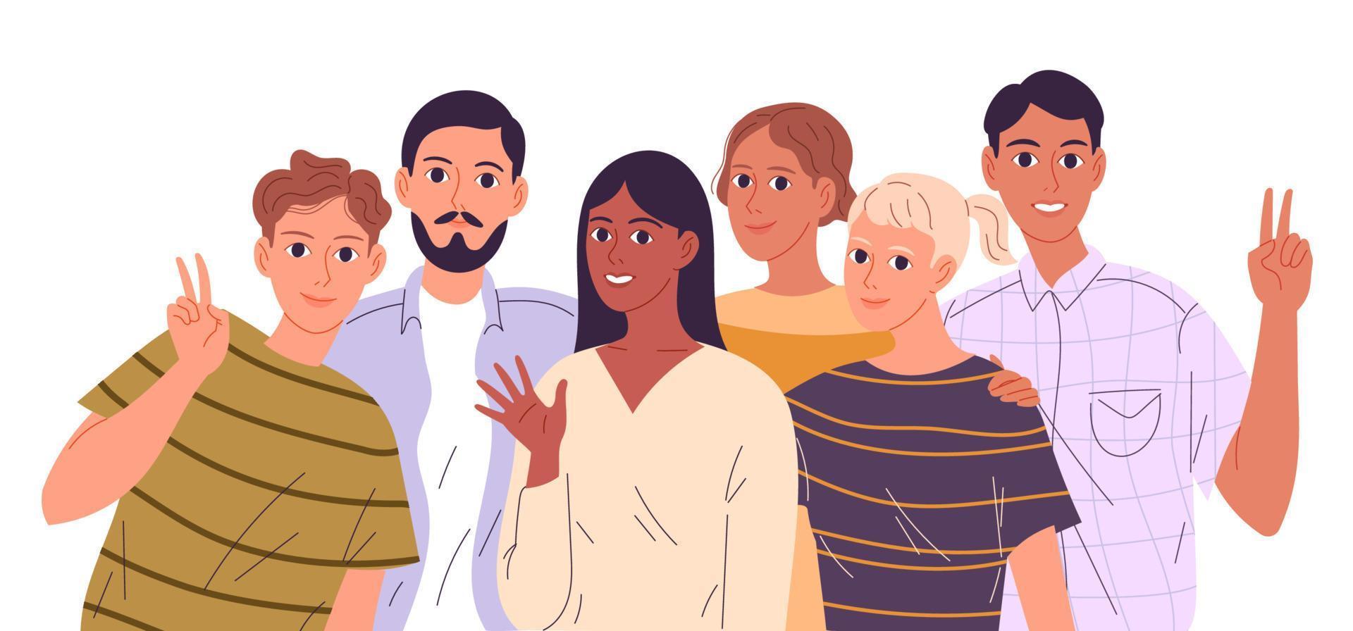 Group portrait of happy students. Flat cartoon vector illustration.