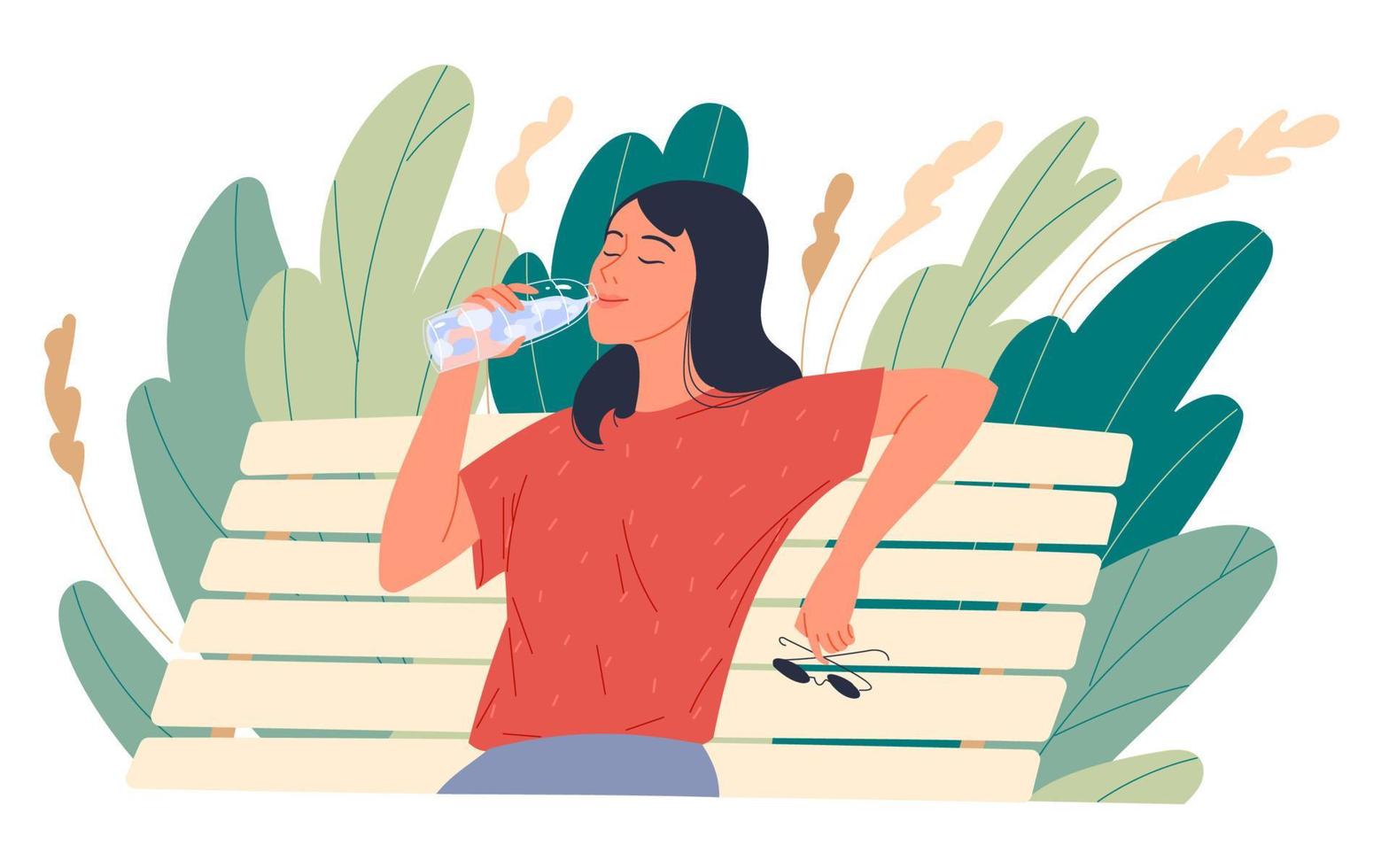 Girl enjoying drinking water while sitting on a park bench. vector