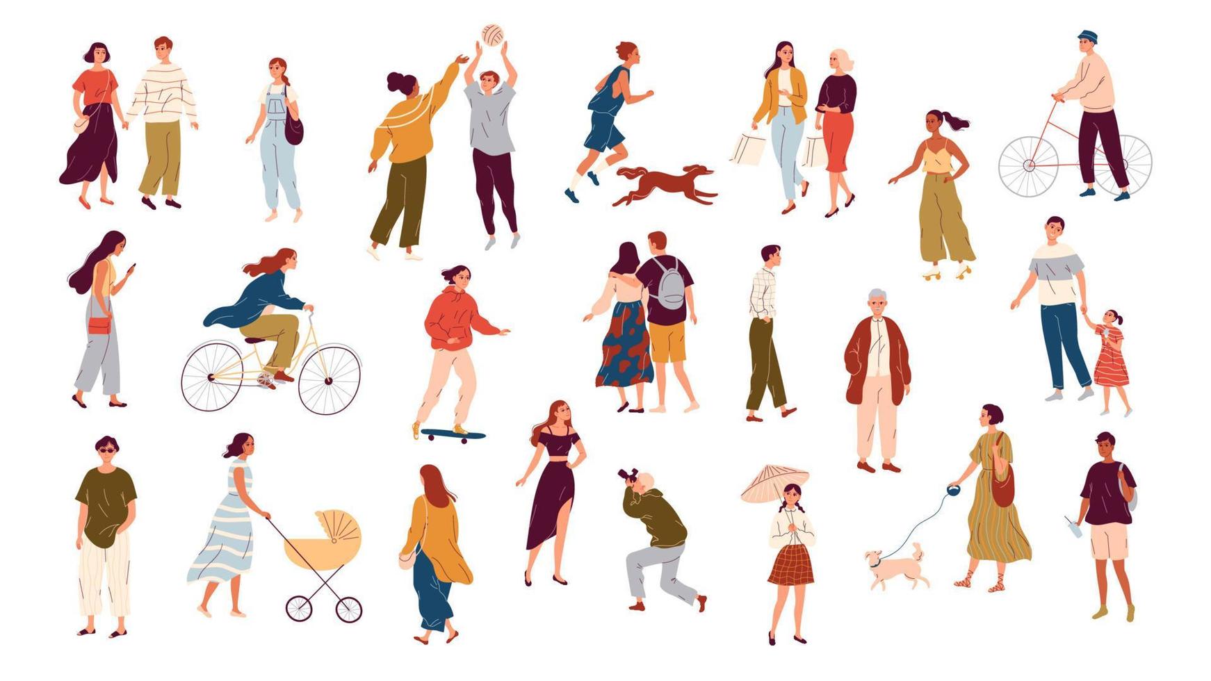 Lots of walking people, summer outdoor activities. vector