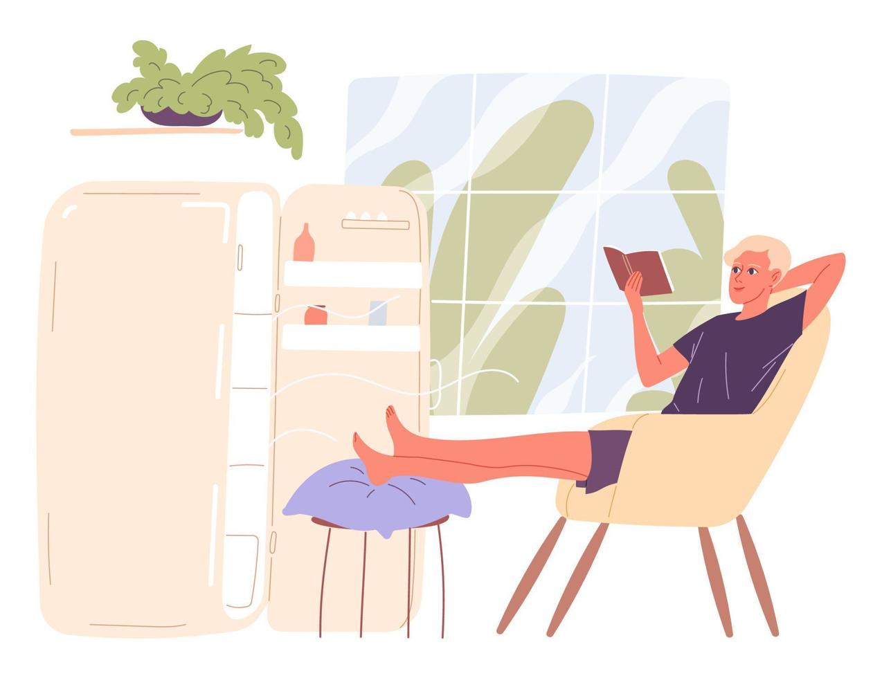 Man sits by an open refrigerator and chills out in the heat. vector