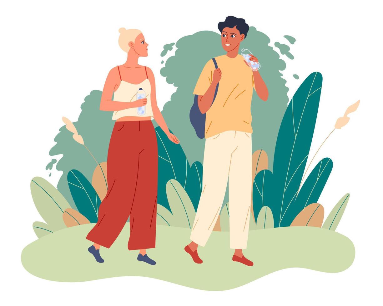 Couple walks in the park and they drink water. vector