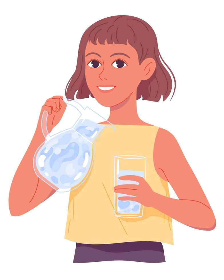 Little girl with jug and glass of water. vector