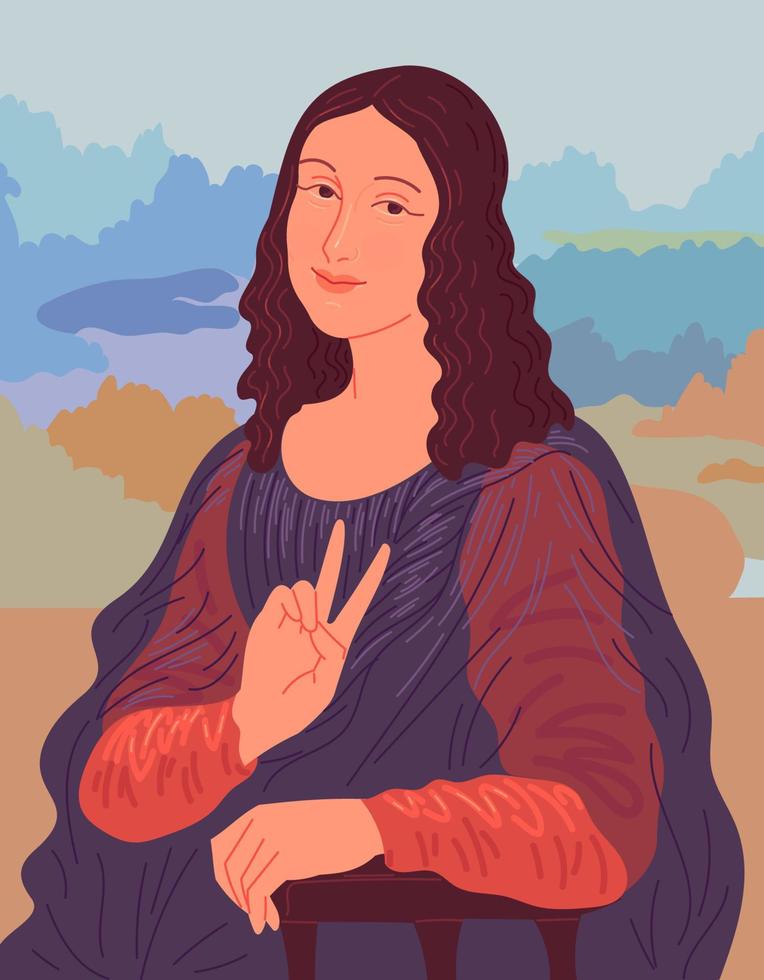 Portrait of woman showing v sign. Illustration based on Leonardo da Vinci Mona Lisa. vector