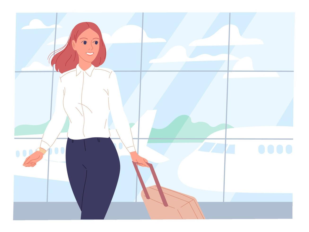 Young woman with a suitcase at the airport against the background of the takeoff field. vector