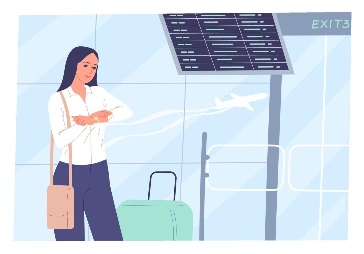 Young woman at the airport looking at her watch while standing at the board with flight timetable. vector