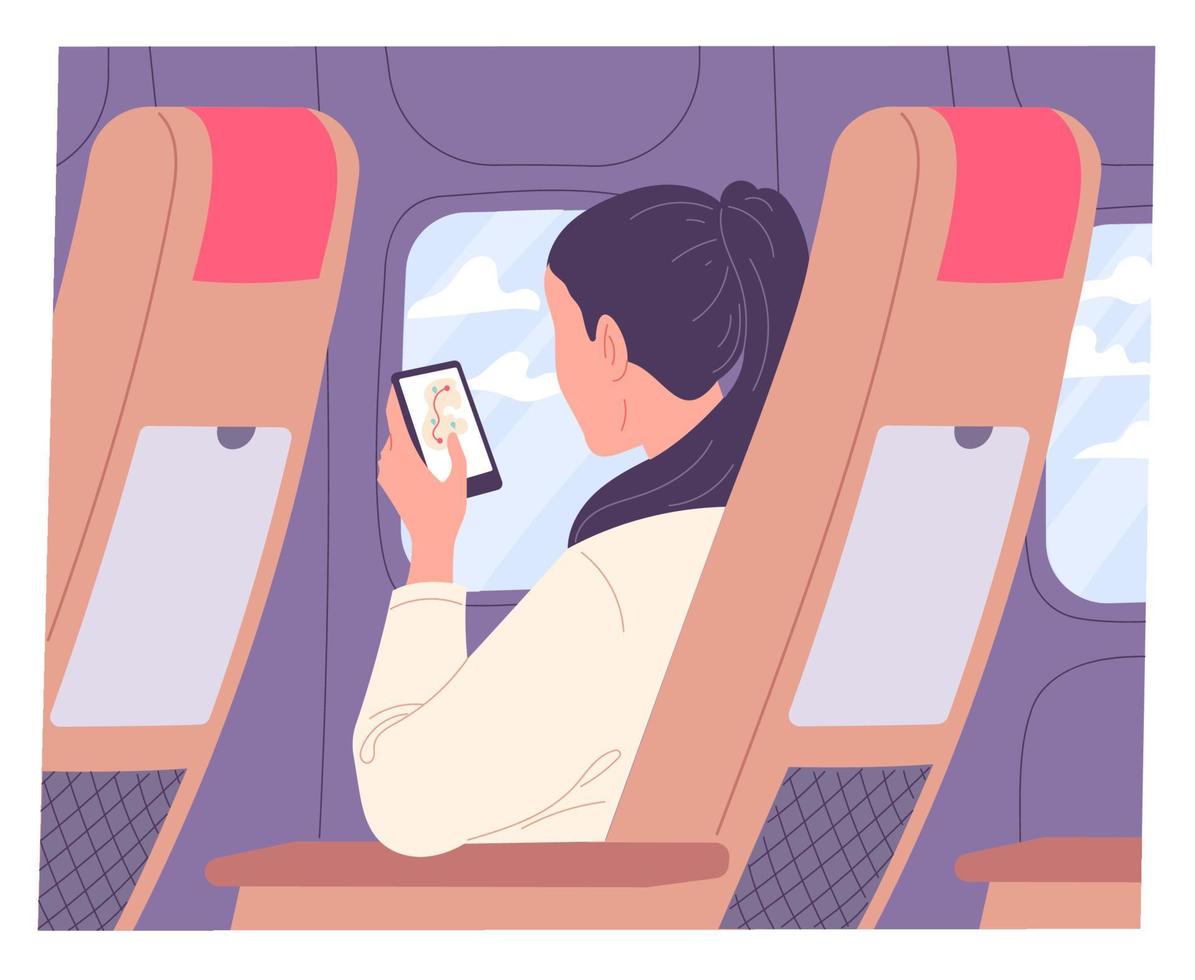 Woman with smartphone on airplane during flight. vector