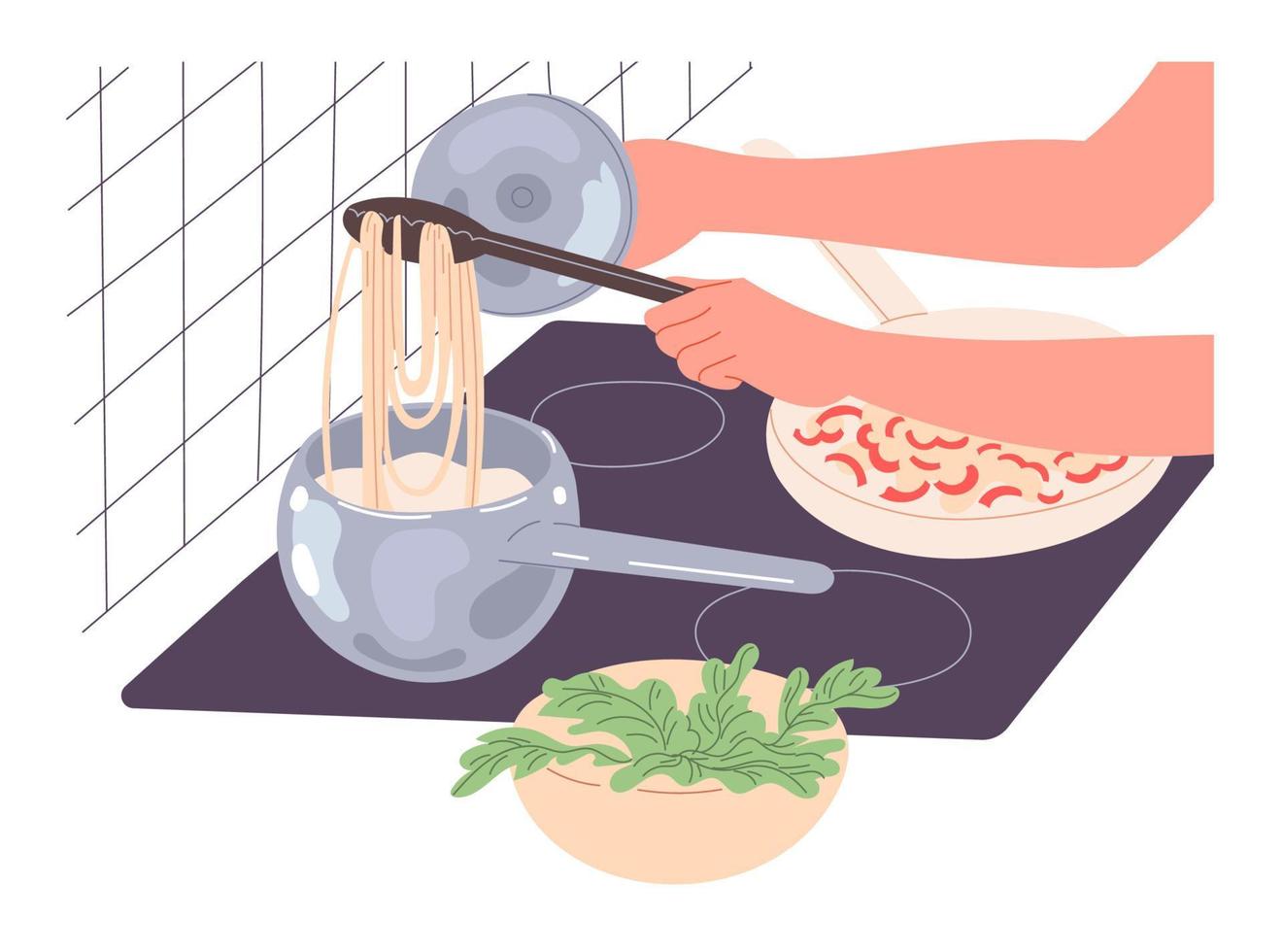 A person cooks food at home, cooks spaghetti. vector