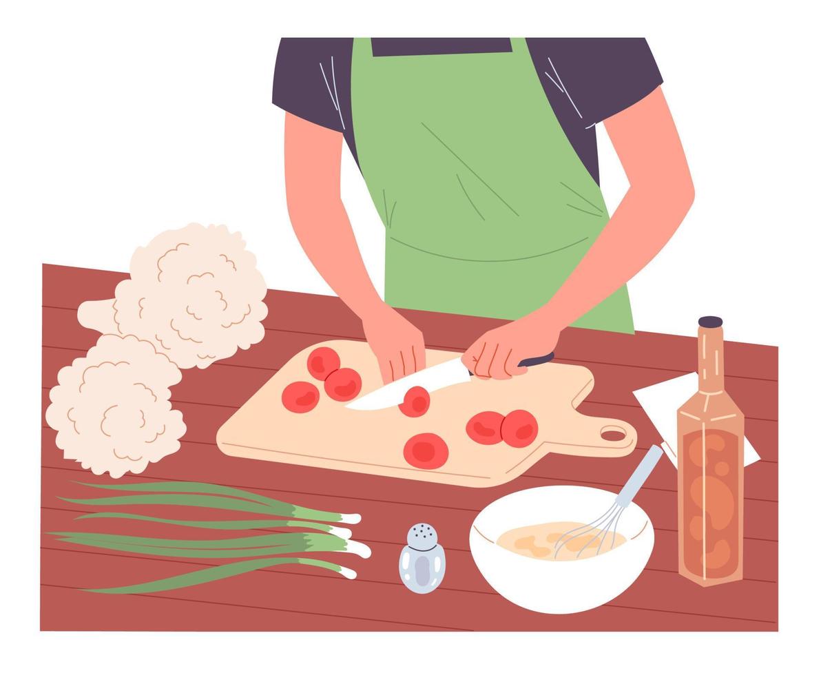 Man slices tomatoes on cutting board preparing food. vector