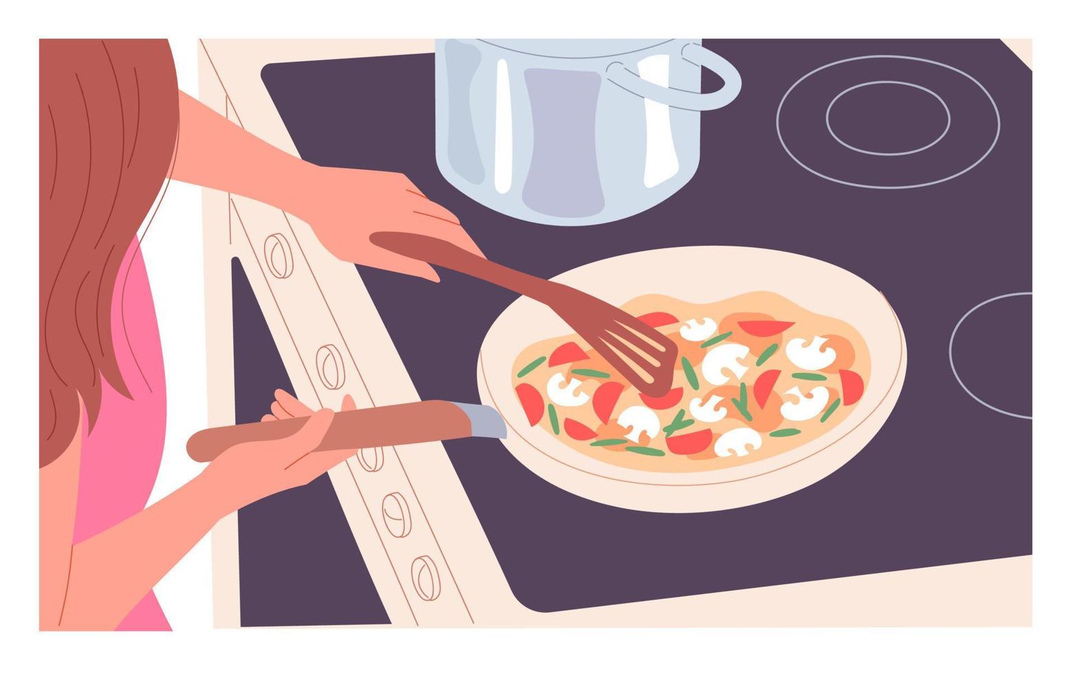 A woman at the stove stirring food in a pan. vector