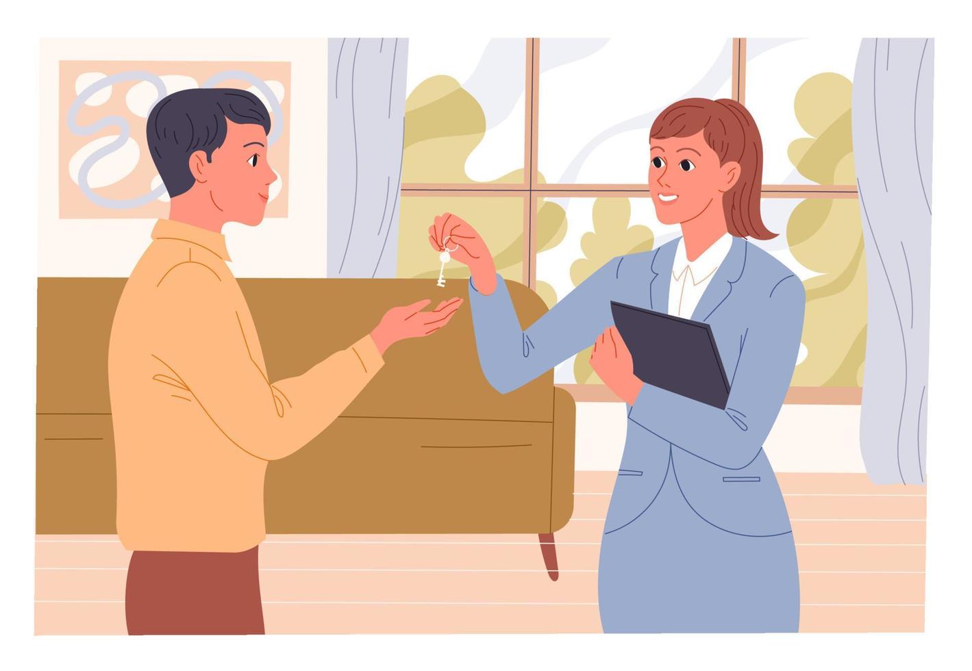 Agent gives the keys to the apartment to the new tenant. vector