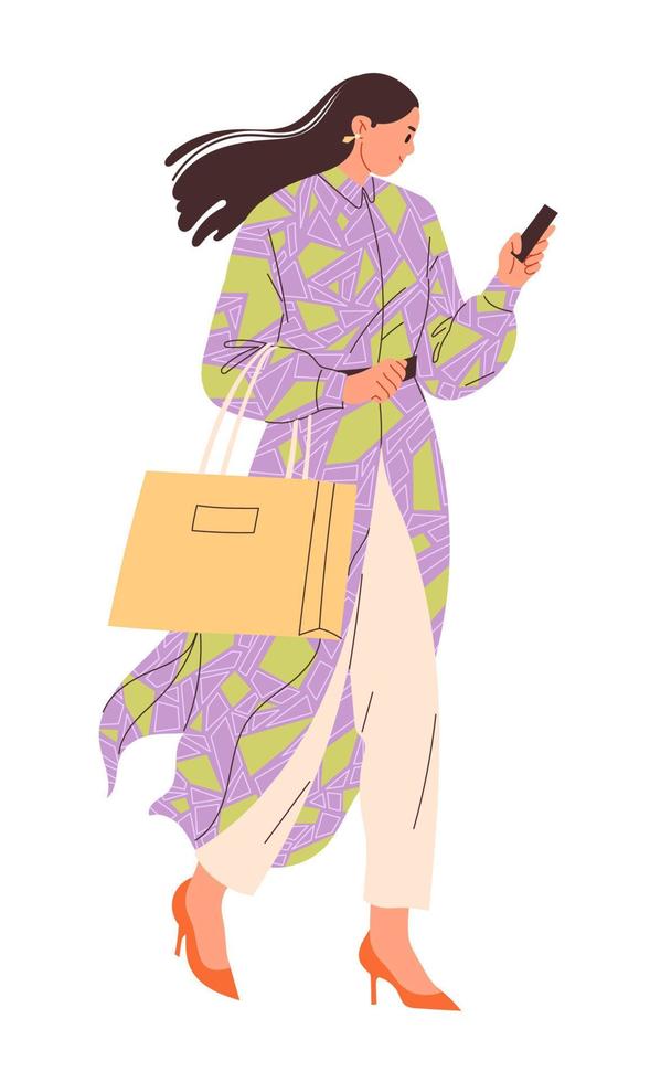 mujer joven saliendo de la tienda con el teléfono inteligente en la mano. vector