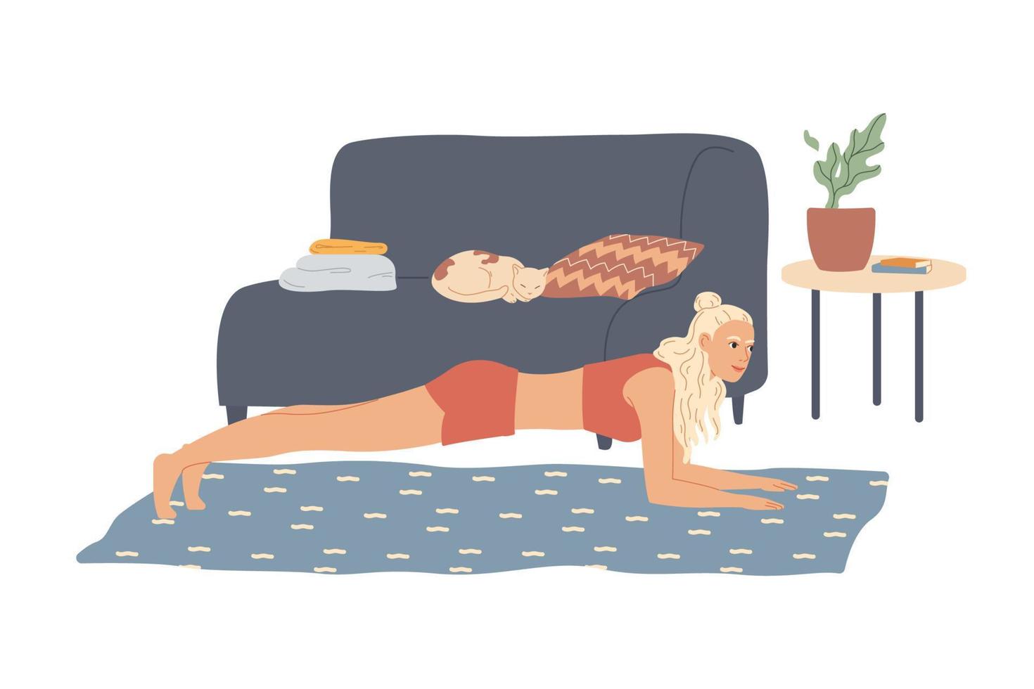 Woman performs an elbow plank exercise, home workout vector